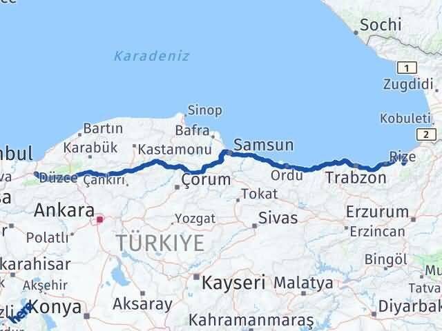 Düzce Çamlıhemşin Rize Arası Kaç Km - Yol Haritası