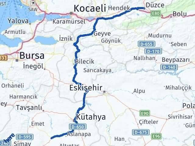 Düzce Çavdarhisar Kütahya Arası Kaç Km - Yol Haritası