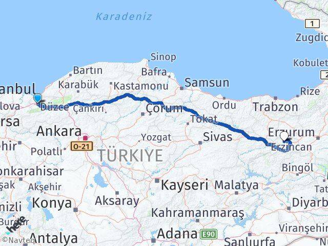 Düzce Çayırlı Erzincan Arası Kaç Km - Yol Haritası