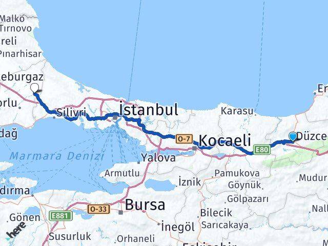 Düzce Çerkezköy Tekirdağ Arası Kaç Km - Yol Haritası