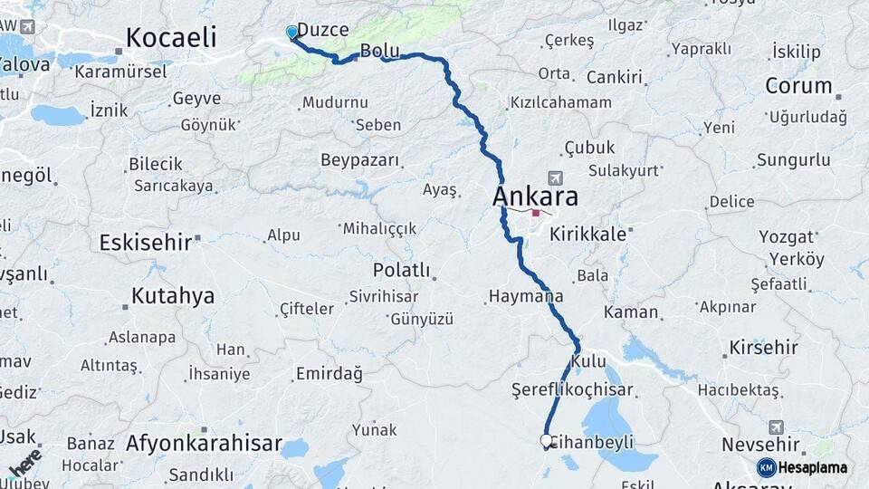 Düzce Cihanbeyli Konya Arası Kaç Km - Yol Haritası