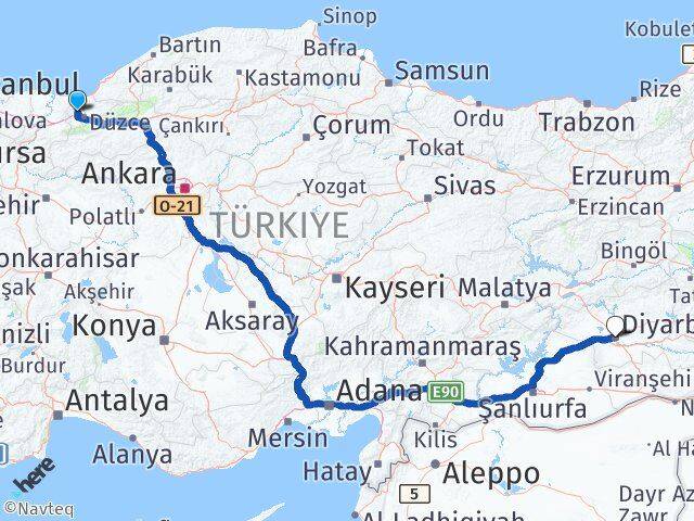 Düzce Çilimli Diyarbakır Arası Kaç Km - Yol Haritası