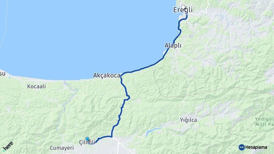Düzce Çilimli Ereğli Zonguldak Arası Kaç Km - Yol Haritası