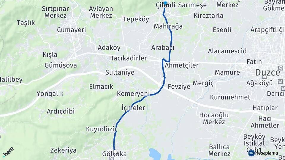 Düzce Çilimli Gölyaka Arası Kaç Km - Yol Haritası