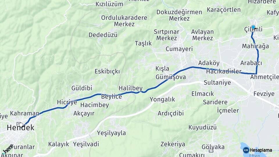 Düzce Çilimli Hendek Sakarya Arası Kaç Km - Yol Haritası
