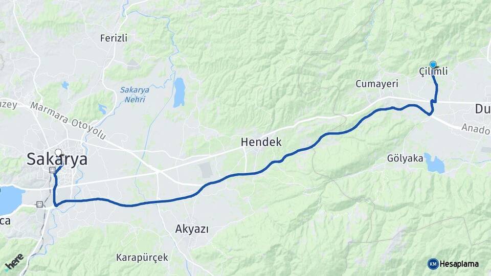 Düzce Çilimli Sakarya Arası Kaç Km - Yol Haritası