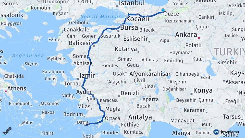 Düzce Cumalı Datça Muğla Arası Kaç Km - Yol Haritası