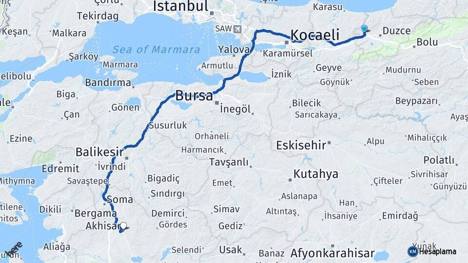 Düzce Cumayeri Akhisar Manisa Arası Kaç Km - Yol Haritası