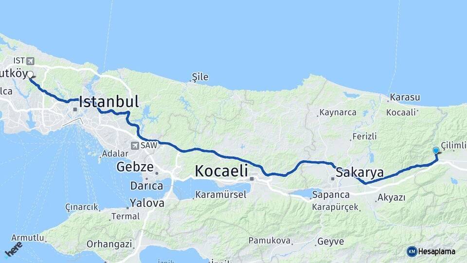 Düzce Cumayeri Arnavutköy İstanbul Arası Kaç Km - Yol Haritası