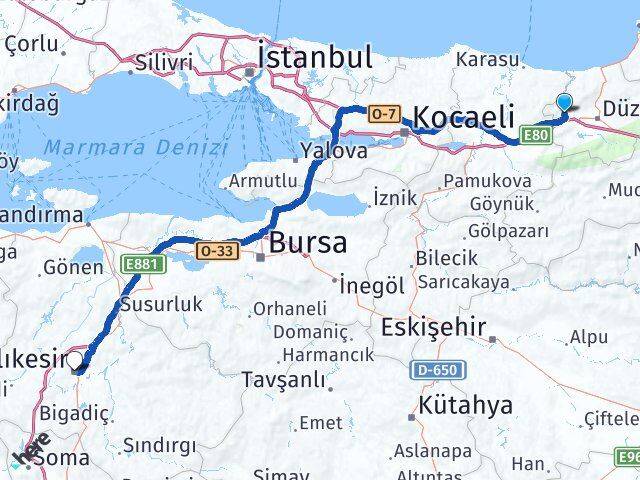Düzce Cumayeri Balıkesir Arası Kaç Km - Yol Haritası