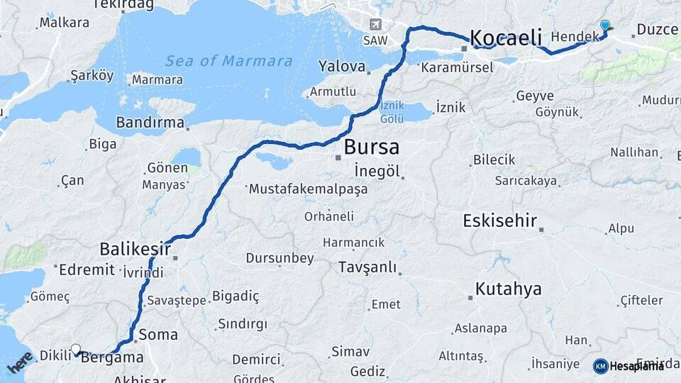Düzce Cumayeri Bergama İzmir Arası Kaç Km - Yol Haritası