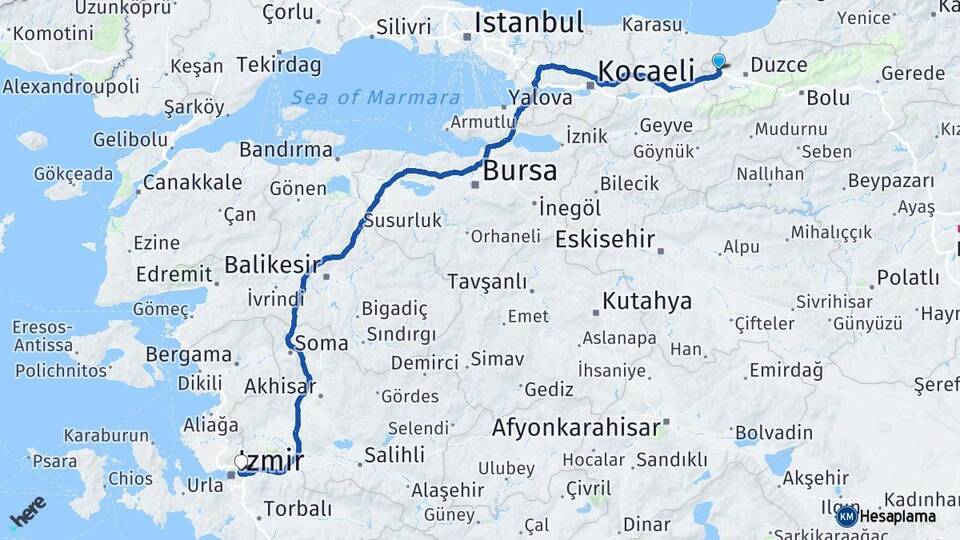 Düzce Cumayeri Bornova İzmir Arası Kaç Km - Yol Haritası