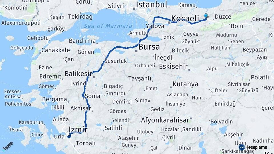 Düzce Cumayeri Buca İzmir Arası Kaç Km - Yol Haritası