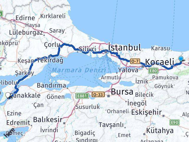Düzce Cumayeri Çanakkale Arası Kaç Km - Yol Haritası