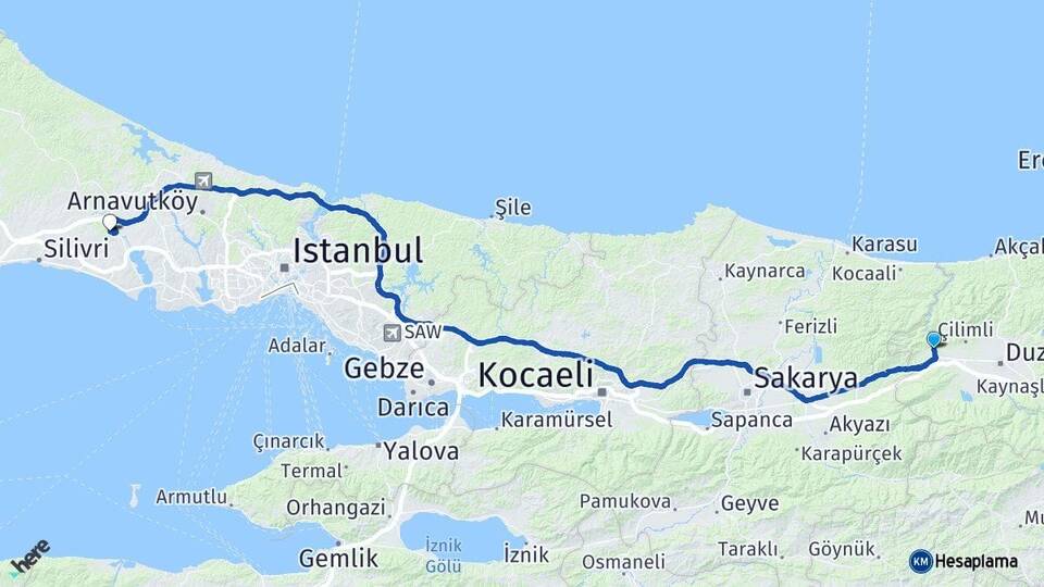 Düzce Cumayeri Çatalca İstanbul Arası Kaç Km - Yol Haritası