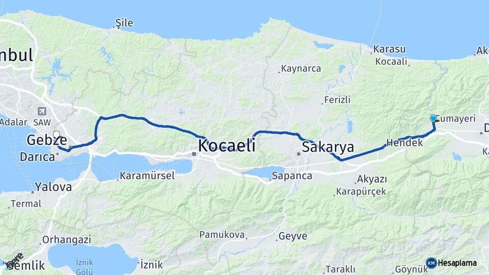 Düzce Cumayeri Çayırova Kocaeli Arası Kaç Km - Yol Haritası