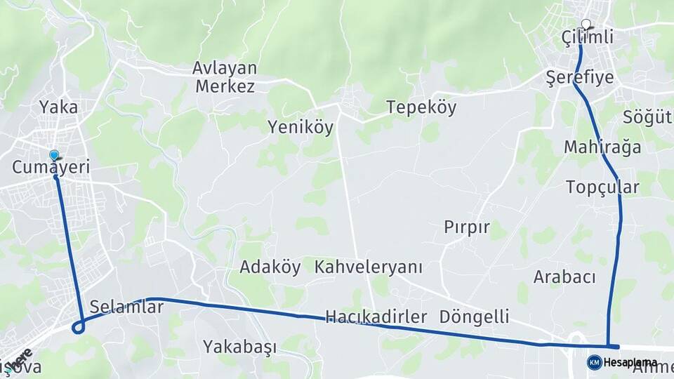 Düzce Cumayeri Çilimli Arası Kaç Km - Yol Haritası