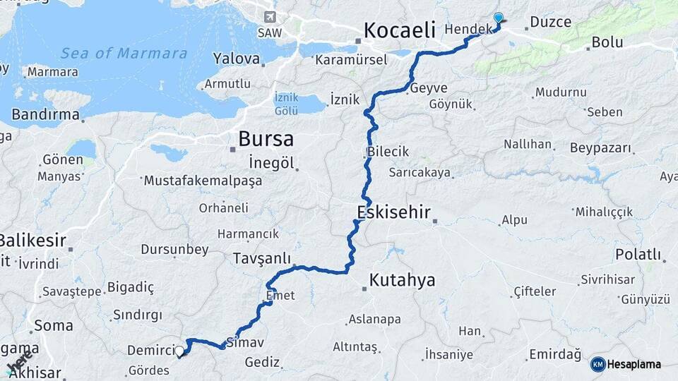 Düzce Cumayeri Demirci Manisa Arası Kaç Km - Yol Haritası