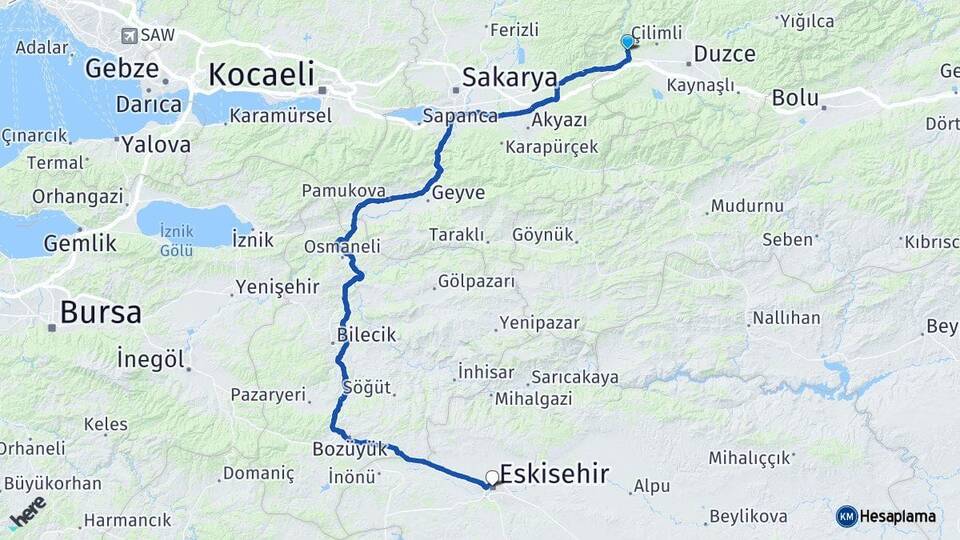 Düzce Cumayeri Eskişehir Arası Kaç Km - Yol Haritası