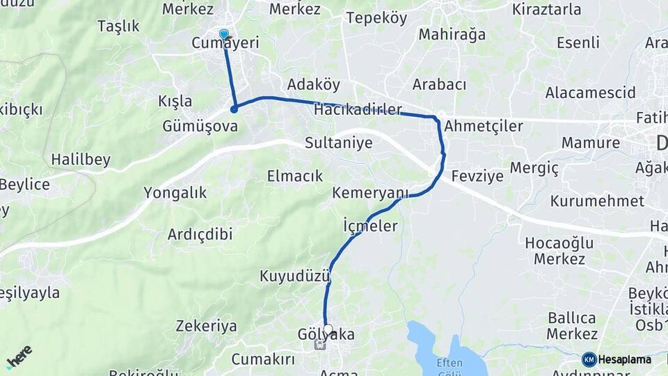 Düzce Cumayeri Gölyaka Arası Kaç Km - Yol Haritası