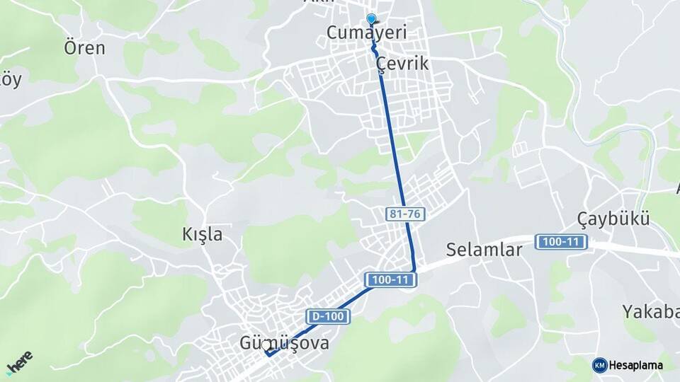 Düzce Cumayeri Gümüşova Arası Kaç Km - Yol Haritası