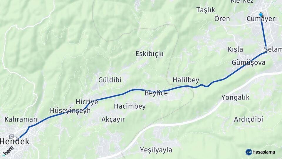 Düzce Cumayeri Hendek Sakarya Arası Kaç Km - Yol Haritası