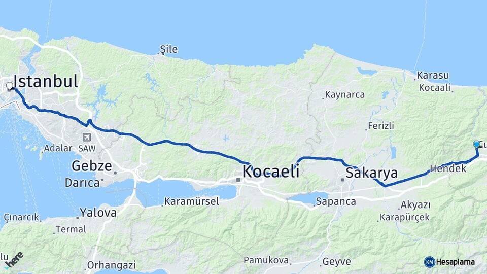 Düzce Cumayeri İstanbul Arası Kaç Km - Yol Haritası