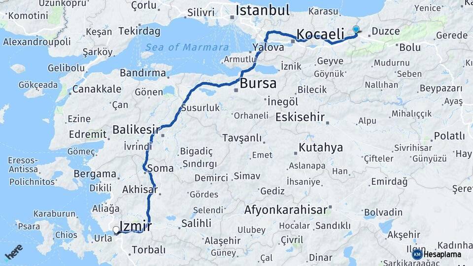 Düzce Cumayeri İzmir Arası Kaç Km - Yol Haritası