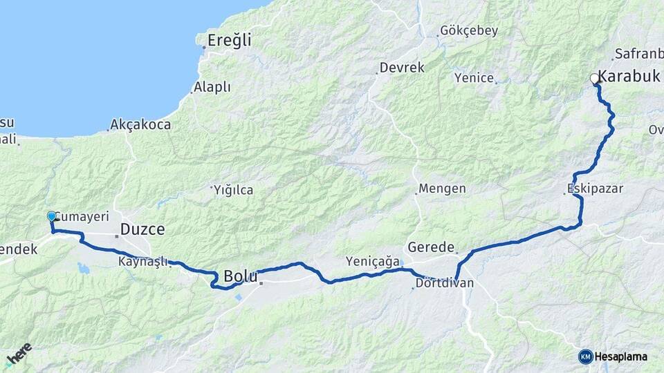 Düzce Cumayeri Karabük Arası Kaç Km - Yol Haritası