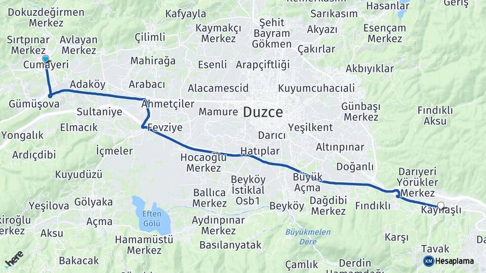 Düzce Cumayeri Kaynaşlı Arası Kaç Km - Yol Haritası