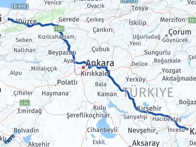 Düzce Cumayeri Kayseri Arası Kaç Km - Yol Haritası