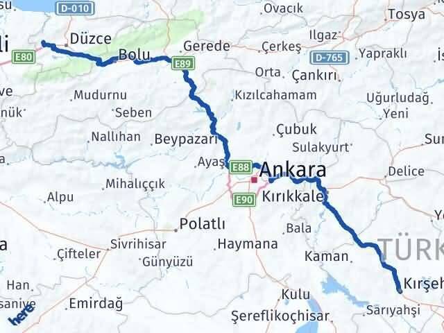 Düzce Cumayeri Kırşehir Arası Kaç Km - Yol Haritası