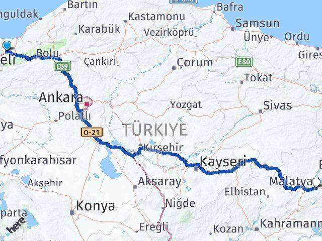 Düzce Cumayeri Malatya Arası Kaç Km - Yol Haritası
