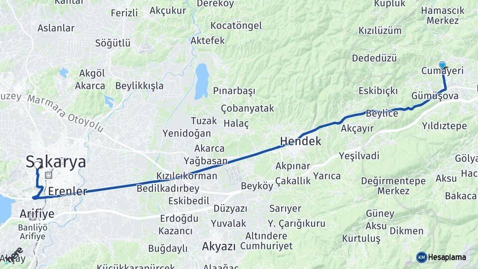 Düzce Cumayeri Serdivan Sakarya Arası Kaç Km - Yol Haritası