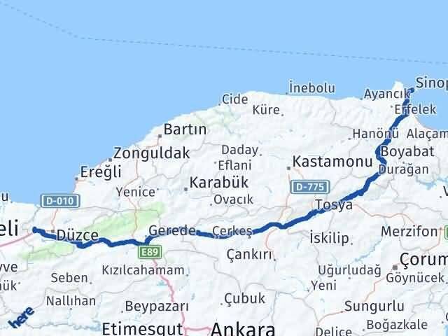 Düzce Cumayeri Sinop Arası Kaç Km - Yol Haritası