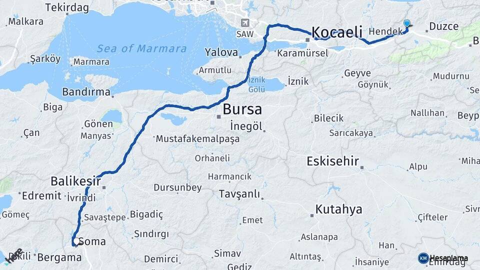 Düzce Cumayeri Soma Manisa Arası Kaç Km - Yol Haritası