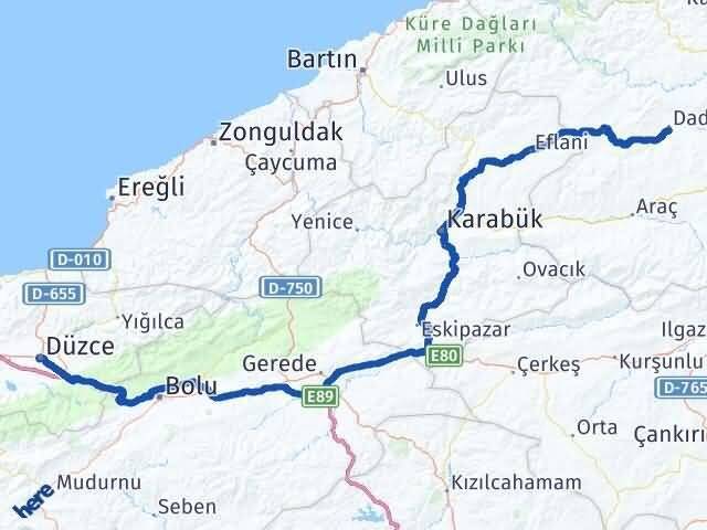 Düzce Daday Kastamonu Arası Kaç Km - Yol Haritası