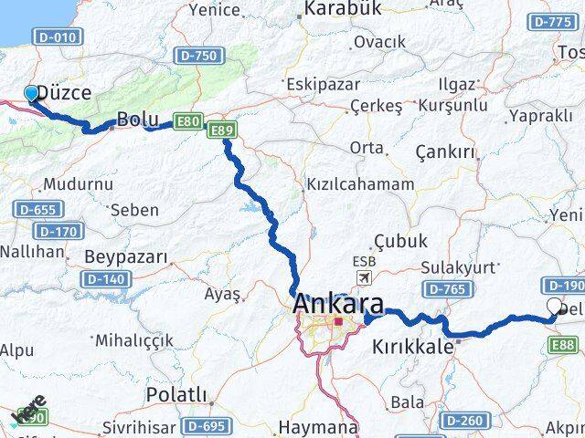 Düzce Delice Kırıkkale Arası Kaç Km - Yol Haritası