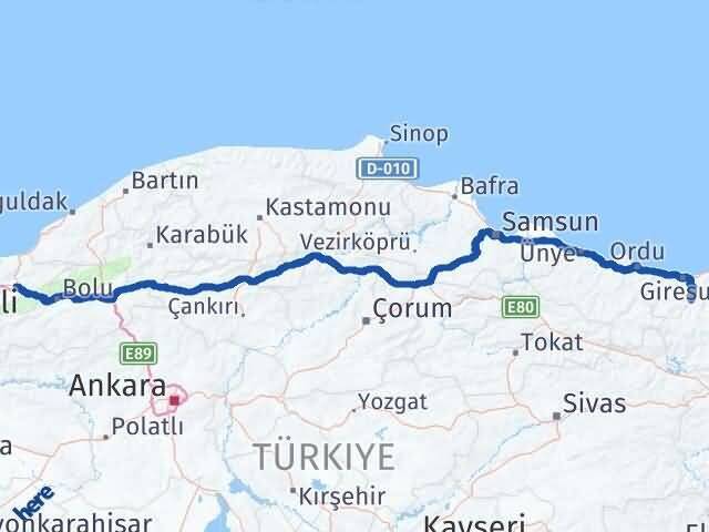 Düzce Dereli Giresun Arası Kaç Km - Yol Haritası