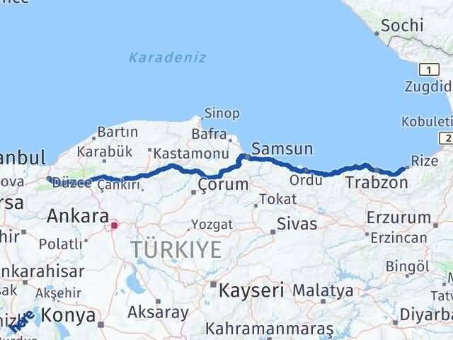 Düzce Derepazarı Rize Arası Kaç Km - Yol Haritası
