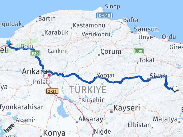 Düzce Divriği Sivas Arası Kaç Km - Yol Haritası