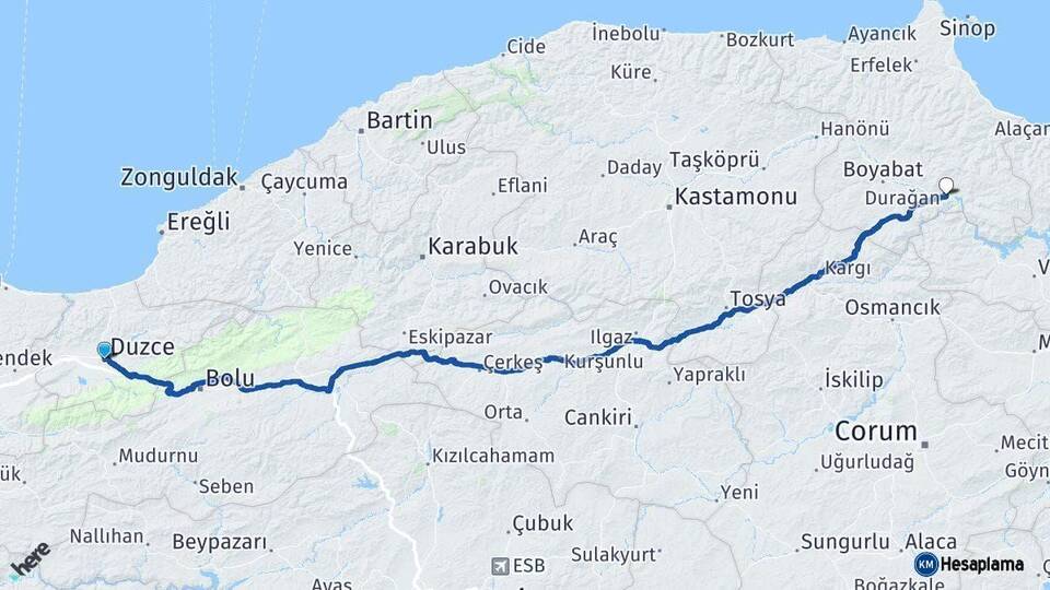 Düzce Durağan Sinop Arası Kaç Km - Yol Haritası