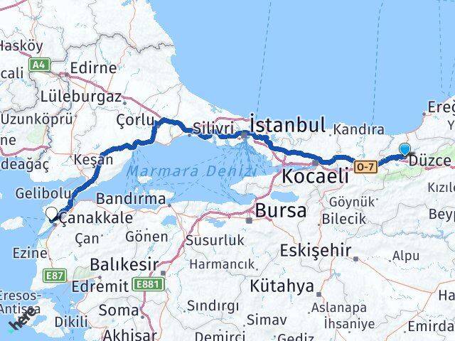 Düzce Eceabat Çanakkale Arası Kaç Km - Yol Haritası