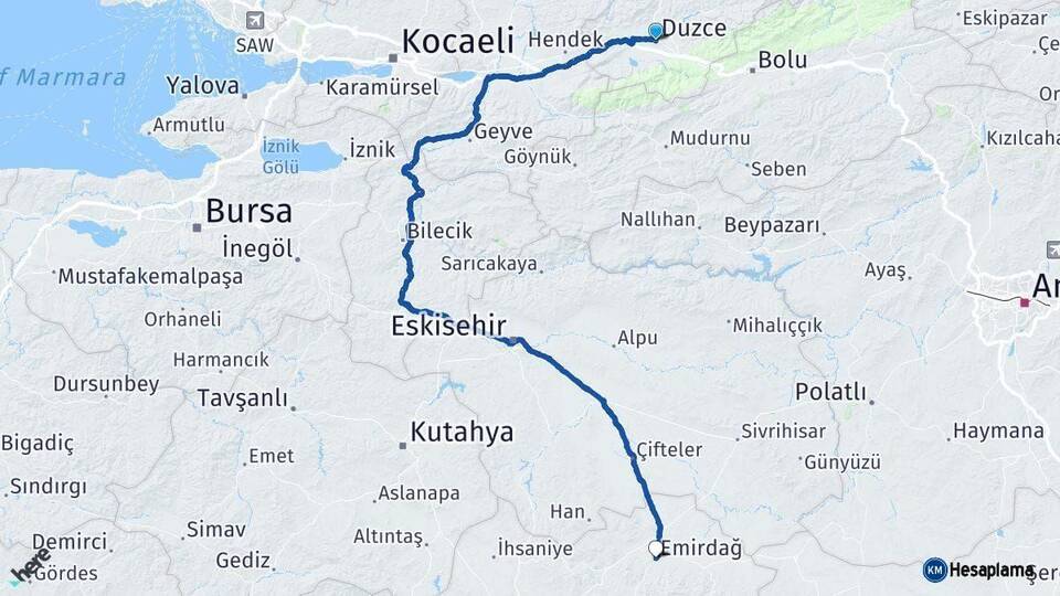Düzce Emirdağ Afyonkarahisar Arası Kaç Km - Yol Haritası