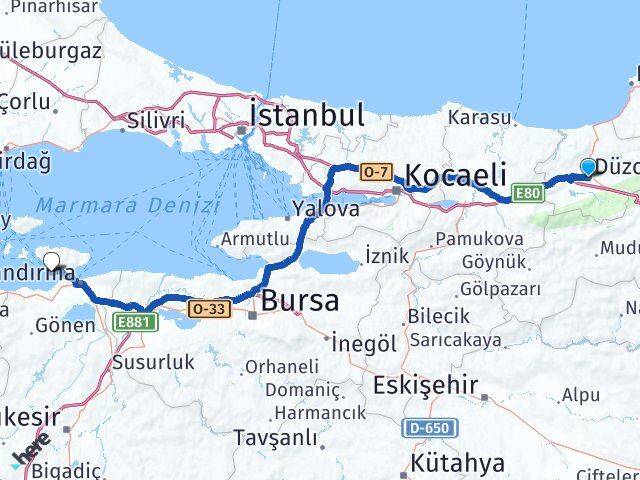 Düzce Erdek Balıkesir Arası Kaç Km - Yol Haritası