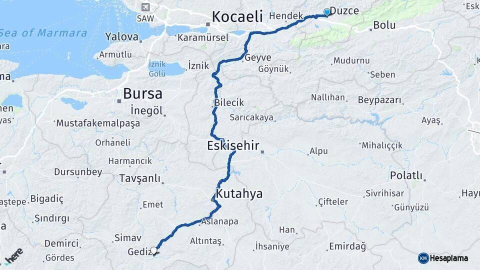 Düzce Gediz Kütahya Arası Kaç Km - Yol Haritası
