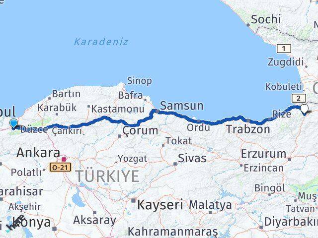 Düzce Gölyaka Artvin Arası Kaç Km - Yol Haritası