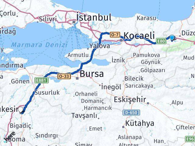 Düzce Gölyaka Balıkesir Arası Kaç Km - Yol Haritası