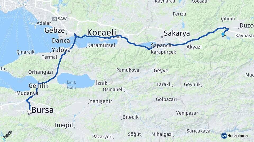 Düzce Gölyaka Bursa Arası Kaç Km - Yol Haritası