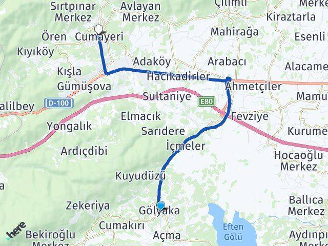 Düzce Gölyaka Cumayeri Arası Kaç Km - Yol Haritası